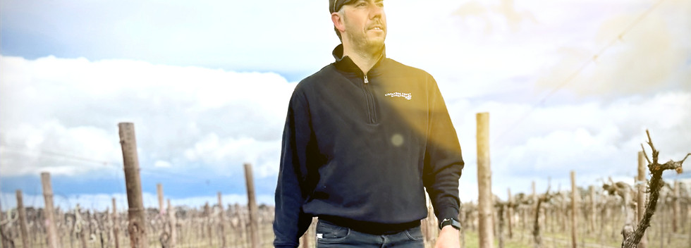 A male person walking within a dormant vineyard in winter.