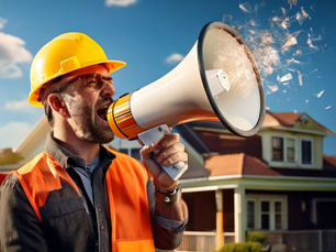 builder shouting about his business into a megaphone