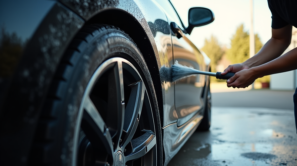 Eye-level view of a shiny black car being hand-waxed in a driveway