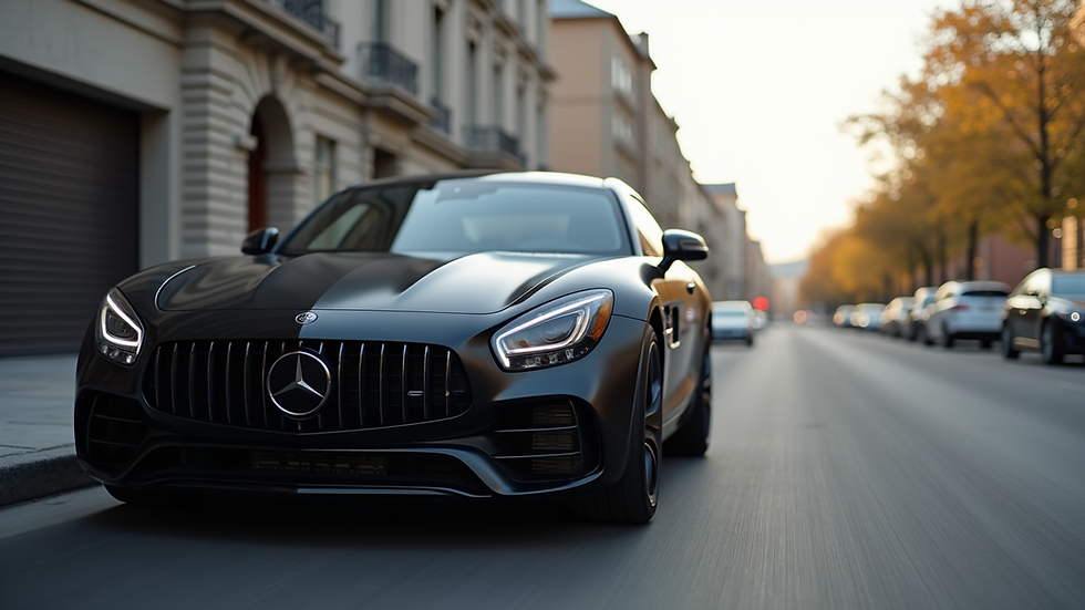 Eye-level view of a sleek black car being detailed outdoors
