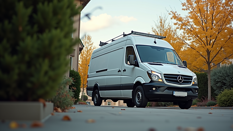 Eye-level view of a mobile detailing van parked in a driveway