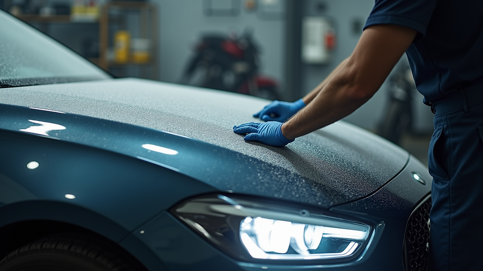 Close-up view of a detailer applying ceramic coating to a car hood
