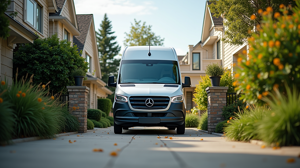 Eye-level view of a mobile detailing van parked in a residential driveway