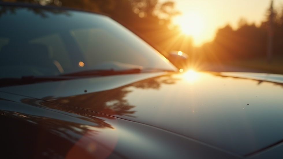 Close-up view of a shiny car hood reflecting sunlight after detailing