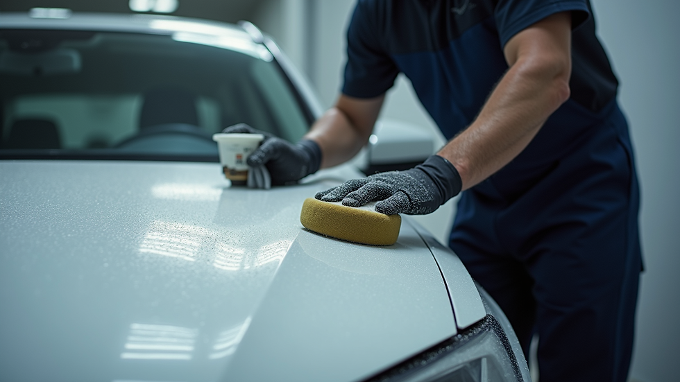 Close-up view of a mobile detailer polishing a car’s hood with a buffer
