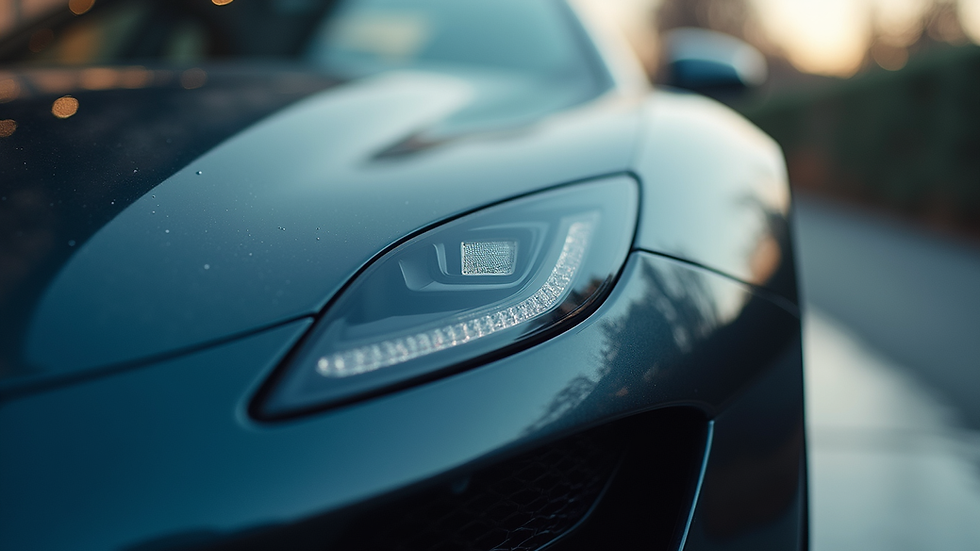 Close-up view of a luxury car’s glossy hood after detailing