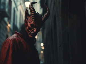 A person in red demon costume with horns stands in a dimly lit alley, exuding a menacing vibe. Dark background enhances the eerie mood.