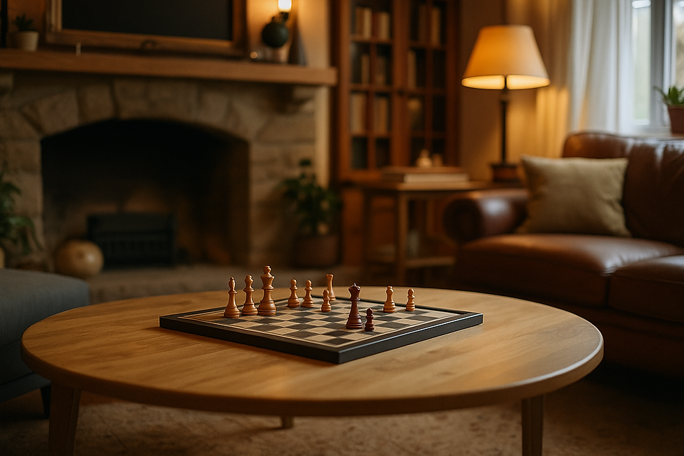Eye-level view of a cozy living room with a couple's favorite board games on the table