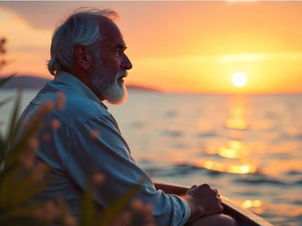 Elderly man with white beard sits on a boat, gazing at a serene sunset over the ocean. Warm orange hues create a peaceful ambiance.