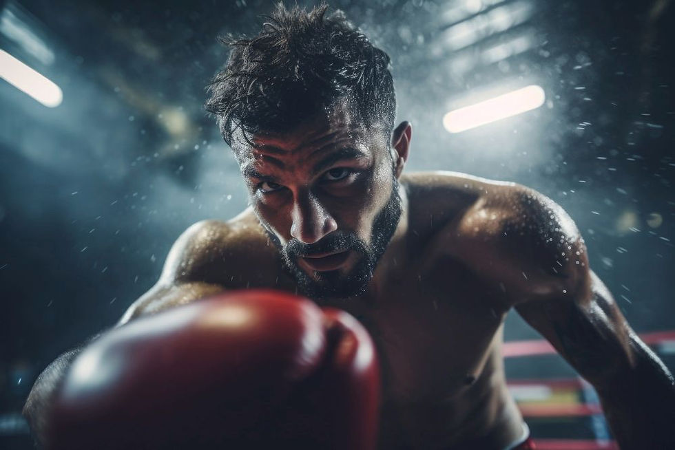 A focused boxer in red gloves throws a punch in a dimly lit ring, sweat droplets visible. The intense mood is highlighted by dramatic lighting.