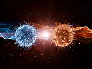 Glowing blue and orange DNA float in a dark space, surrounded by swirling light patterns, creating a dynamic, energetic mood.