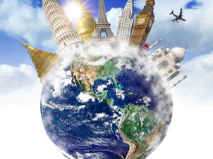 Planet Earth with iconic landmarks like Eiffel Tower and Big Ben protruding. An airplane flies above, set against a bright, cloudy sky.