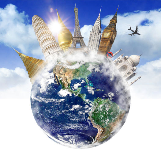 Planet Earth with iconic landmarks like Eiffel Tower and Big Ben protruding. An airplane flies above, set against a bright, cloudy sky.