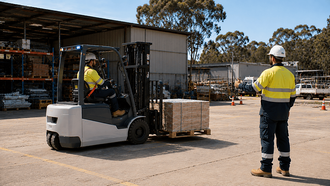 Electric forklift operator wearing correct Australian PPE transporting a pallet load at safe travel height in an industrial warehouse yard while supervised by a spotter in a controlled exclusion zone.