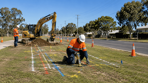 Worker identifies and locates underground services using a utility locator on a suburban civil construction site in Australia.