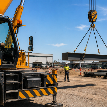 Trainee performs dogging signals during crane lift training with a correctly slung steel beam on an Australian construction site.