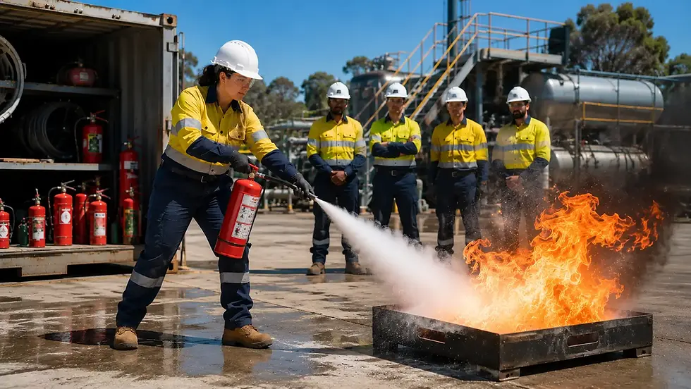 Trainee demonstrates first attack firefighting equipment using a fire extinguisher during practical fire safety training in an Australian industrial yard.