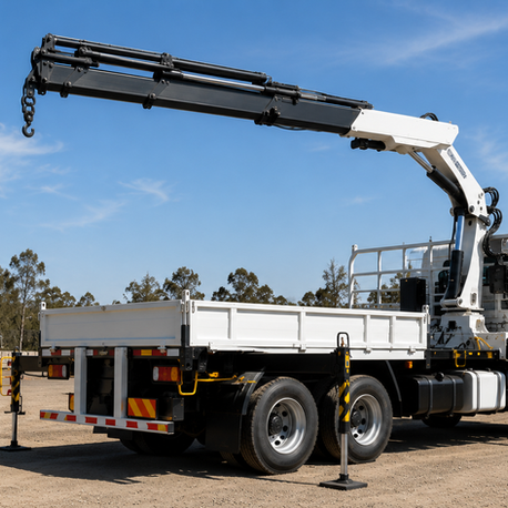 Truck-mounted vehicle loading crane with outriggers deployed in a realistic Australian industrial training yard, representing TLILIC0024 Licence to Operate a Vehicle Loading Crane (Capacity 10 Metre Tonnes and Above).