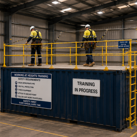 Two students wearing PPE and fall protection harnesses complete working at heights training at Paratus Training on a shipping container with guardrails and a static line.