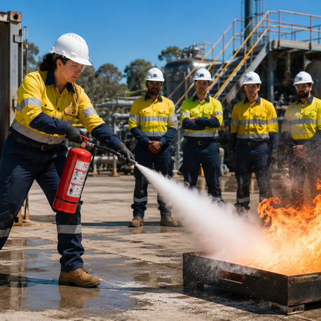 Trainee demonstrates first attack firefighting equipment using a fire extinguisher during practical fire safety training in an Australian industrial yard.