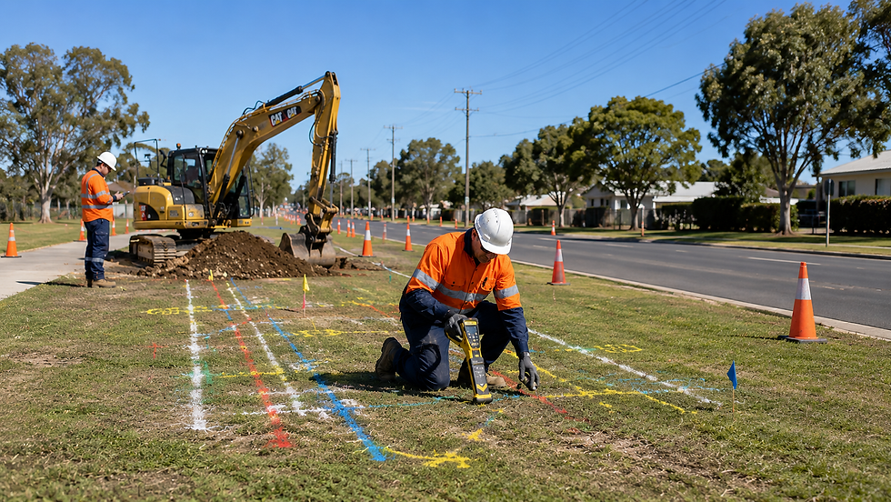 Worker identifies and locates underground services using a utility locator on a suburban civil construction site in Australia.