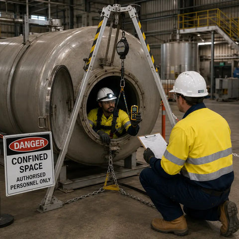 Confined space entry trainee uses a gas detector inside a tank with tripod rescue equipment and standby supervision in an Australian industrial training warehouse.