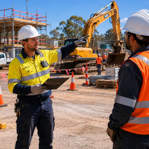 Construction workers complete a site safety induction for White Card training on an Australian construction site with PPE and safety signage.