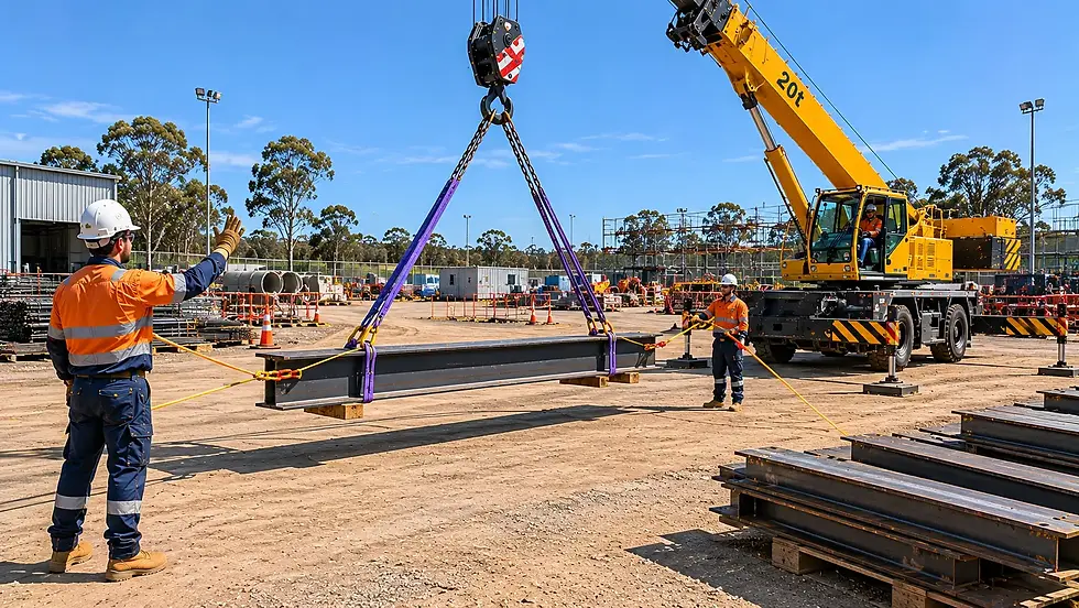 Workers complete basic rigging of a rebar bundle using slings and taglines during a crane lift on an Australian construction site.