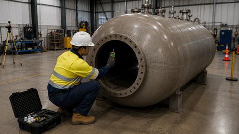 Trainee conducts gas test atmosphere training using a handheld gas detector on a large confined space tank in an Australian training warehouse.