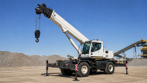 Non-slewing mobile crane with outriggers deployed at a realistic Australian quarry and industrial worksite, representing TLILIC0040 Licence to Operate a Non-Slewing Mobile Crane (Greater Than 3 Tonnes Capacity).