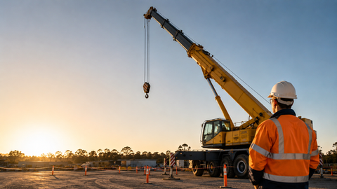 Worker in high-visibility PPE observing a slewing mobile crane with telescopic boom at a controlled Australian construction site during sunrise, with exclusion zones and safe lifting setup visible.
