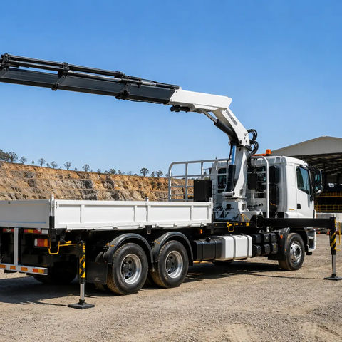 Truck-mounted vehicle loading crane with outriggers deployed in a realistic Australian industrial training yard, representing TLILIC0024 Licence to Operate a Vehicle Loading Crane (Capacity 10 Metre Tonnes and Above).