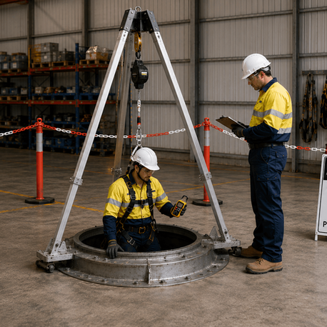 Trainee completes confined space entry training with gas testing, tripod rescue equipment and standby supervision in an Australian industrial warehouse.