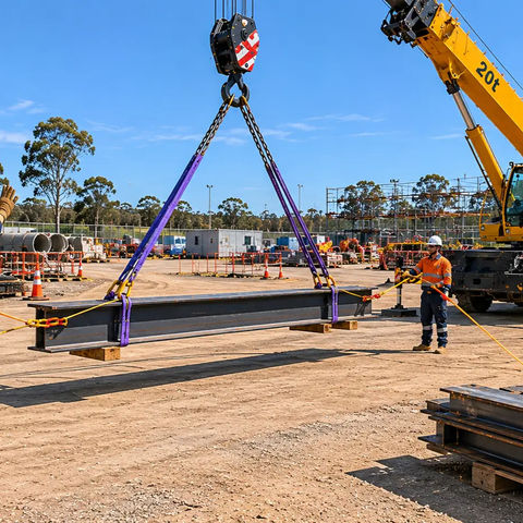 Workers complete basic rigging of a rebar bundle using slings and taglines during a crane lift on an Australian construction site.