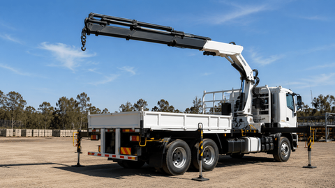 Truck-mounted vehicle loading crane with outriggers deployed in a realistic Australian industrial training yard, representing TLILIC0024 Licence to Operate a Vehicle Loading Crane (Capacity 10 Metre Tonnes and Above).
