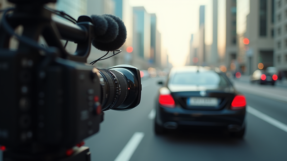 Close-up view of a professional camera filming a luxury car in Dubai