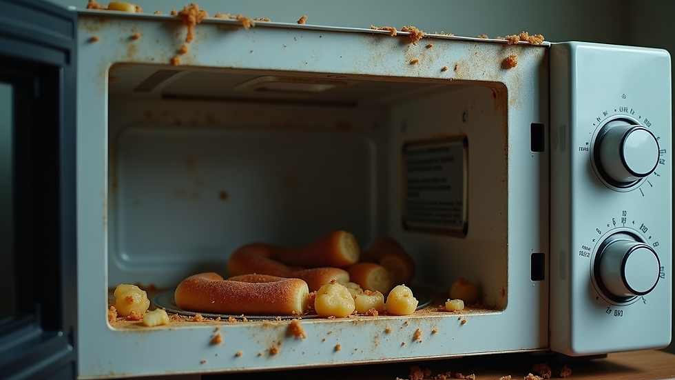 Eye-level view of a broken microwave with food remnants