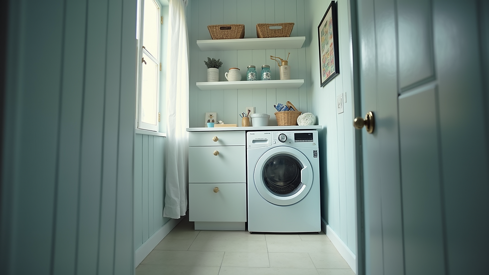 High angle view of a laundry room featuring a washer and dryer