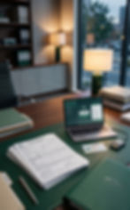 Escritório com laptop, documentos e luminária acesa sobre a mesa.