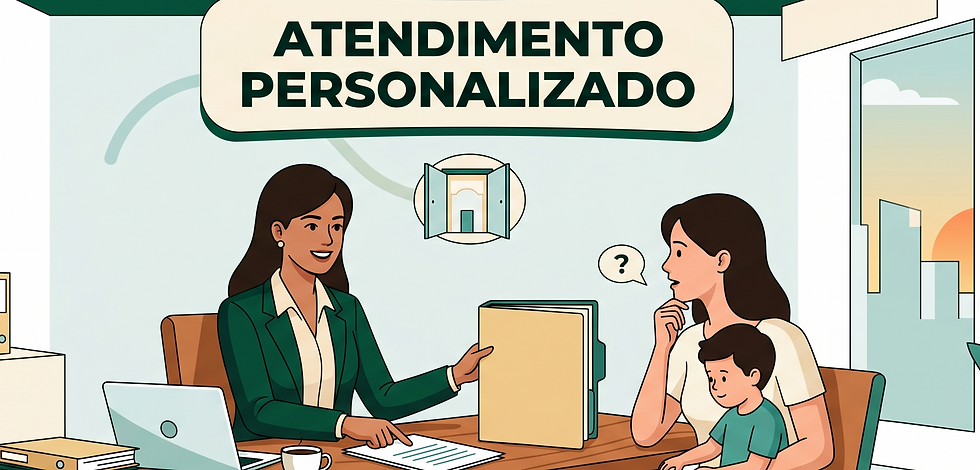 Ilustração de atendimento personalizado com cliente e criança.