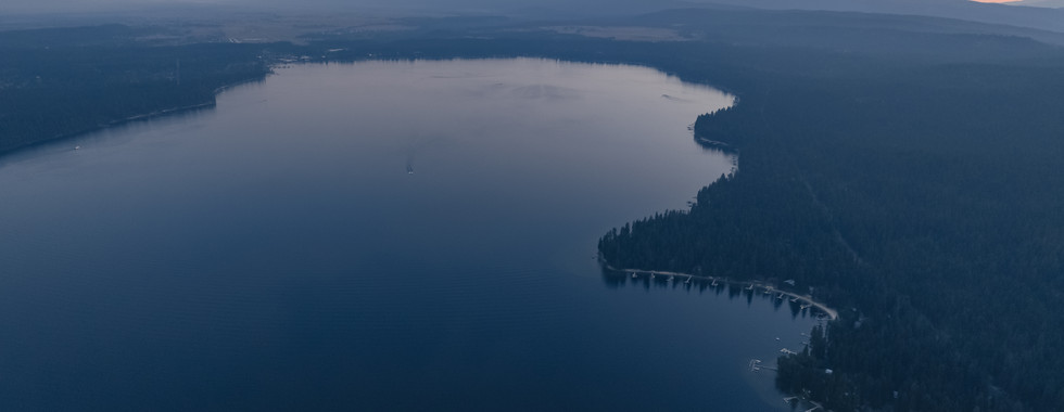 Aerial shot of Payette Lake during golden hour