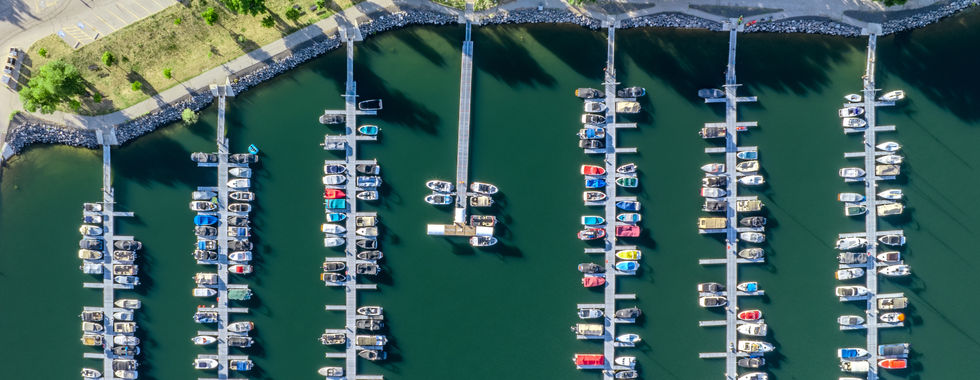 Aerial birds eye views of Boat Docks in Lucky Peak