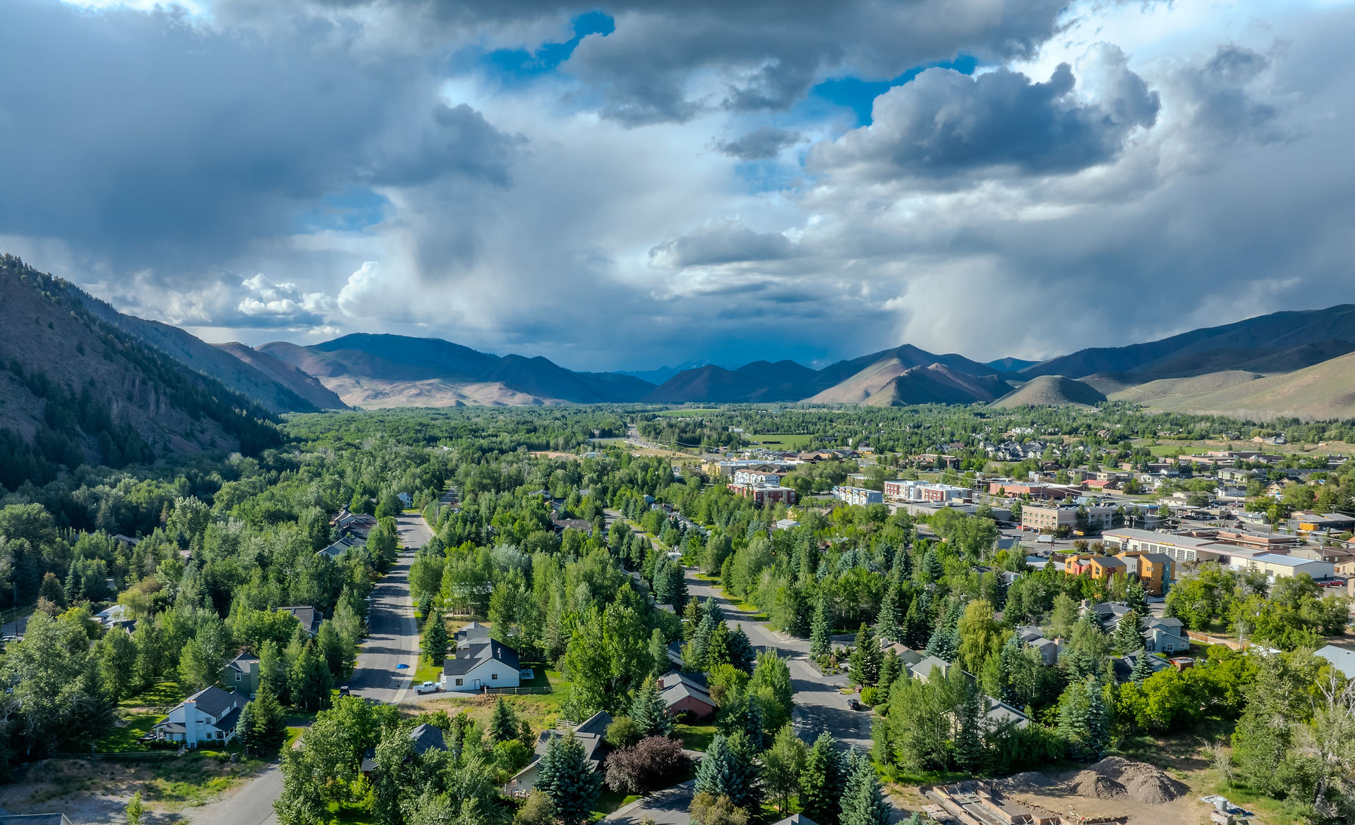 Aerial drone shot of a storm rolling over Hailey, Idaho