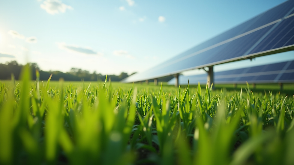 Eye-level view of a lush green field with solar panels