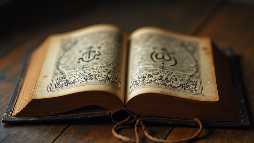 Close-up view of an open ancient book with mystical symbols