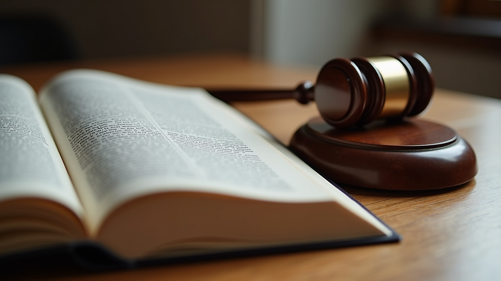 Close-up view of a legal book and a gavel on a wooden table