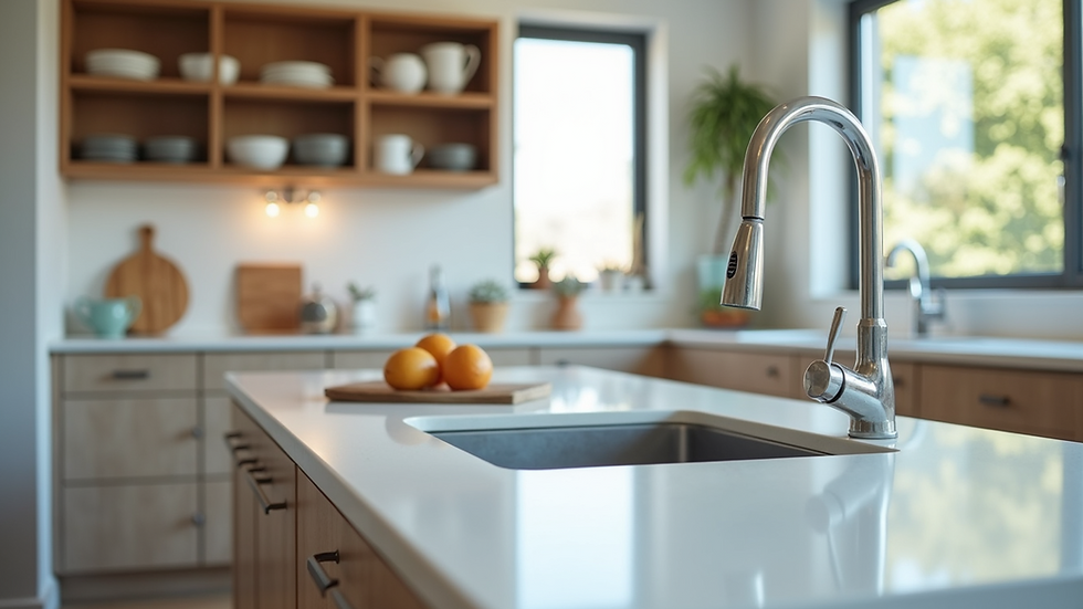 Eye-level view of modern kitchen with new countertops and cabinets
