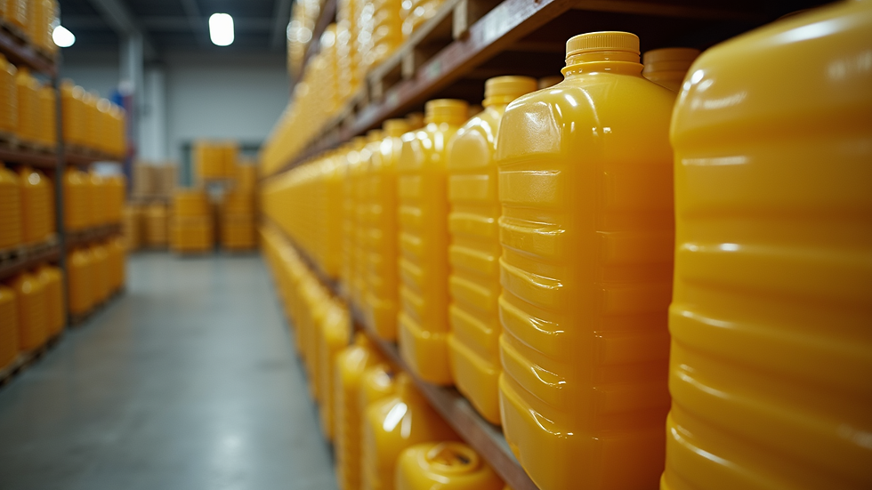 Close-up view of large sunflower oil containers stacked in a warehouse