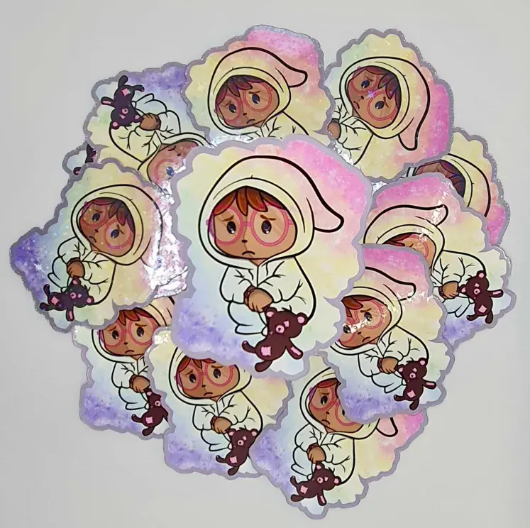 Thumbnail: Multiple Sad cartoon creature in a clear onesie holding teddy bear stickers, on plain background.