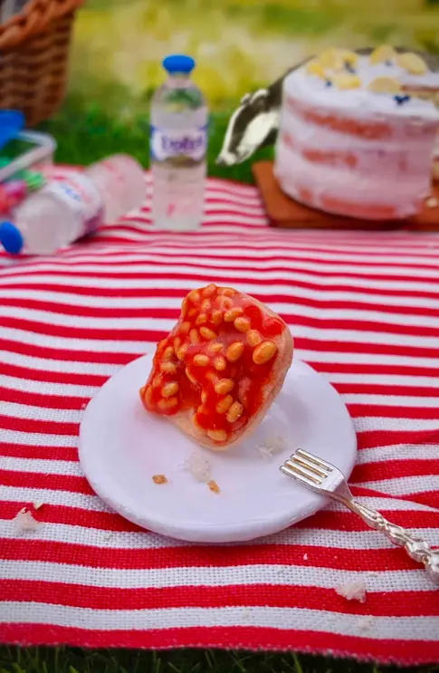 Baked beans on toast pin on a picnic scene.